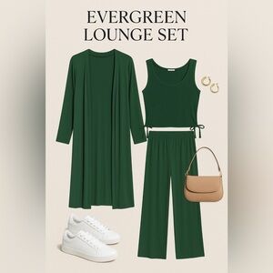 Ekouaer Evergreen 3-Pc Lounge Set Ribbed Tank, Wide-Leg Pants & Duster Cardigan